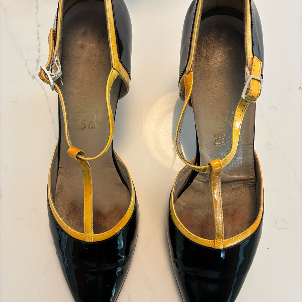 Salvatore Ferragamo Black Patent Heels with Yellow Trim